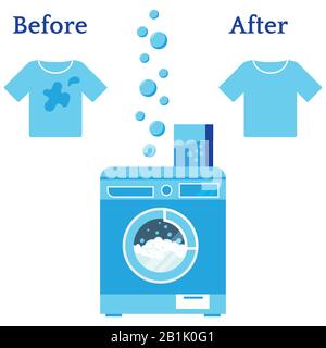 Laundry washer machine, powder, clean and dirty shirt, bubbles vector illustration isolated on white background. Stock Vector