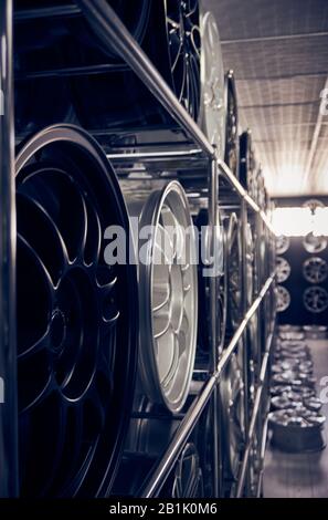 Alloy car wheels in a store Stock Photo