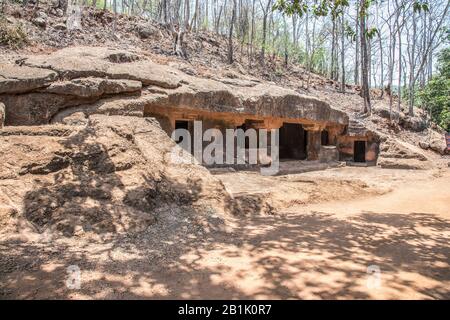 India-Panhale Kaji or Panhalakaji Caves: District- Sindhudurg, Maharashtra - General-View of Cave No. 1 to 3. Stock Photo