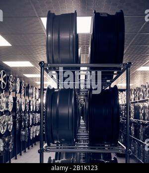 Alloy car wheels in a store Stock Photo