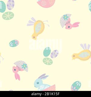 Easter bunny seamless vector pattern background. Decorated folk art rabbits, egg and chicks illustration. Scandinavian style baby animals and spring Stock Vector