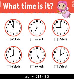 Learning time on the clock. Educational activity worksheet for kids and toddlers. Game for children. Simple flat isolated vector illustration in cute Stock Vector