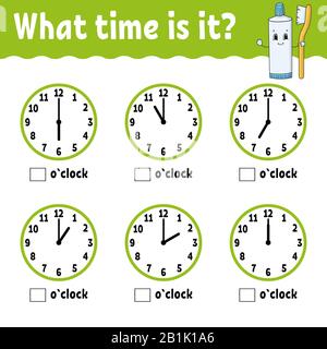Learning time on the clock. Educational activity worksheet for kids and toddlers. Game for children. Simple flat isolated vector illustration in cute Stock Vector