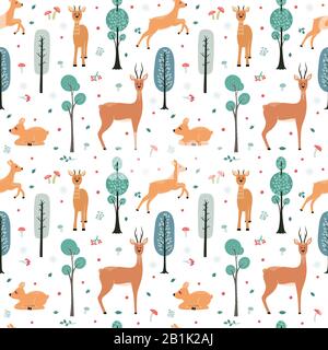 Seamless pattern with deer, doe, roe deer on the background of a tree, plant, bush and different elements. Vector illustrations in the Scandinavian st Stock Vector