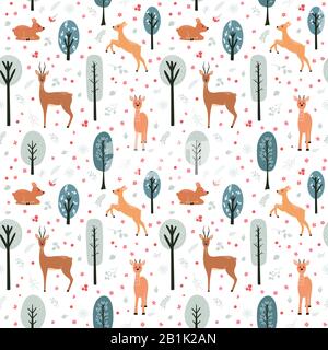 Seamless pattern with deer, doe, roe deer on the background of a tree, plant, bush and different elements. Vector illustrations in the Scandinavian st Stock Vector