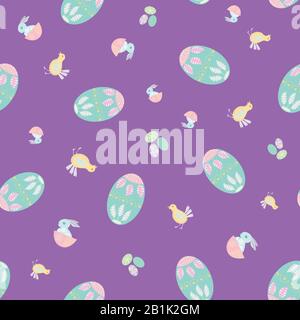 Easter bunny seamless vector pattern background. Decorated folk art rabbits, egg and chicks illustration. Scandinavian style animals and spring Stock Vector