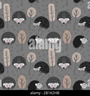 Seamless pattern with hedgehog on the background of a tree, plant, bush and different elements. Vector illustrations in the Scandinavian style. Stock Vector