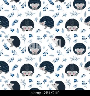 Seamless pattern with hedgehog on the background of a tree, plant, bush and different elements. Vector illustrations in the Scandinavian style. Stock Vector