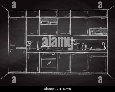 Sketch of the kitchen, front view. Vector illustration. Stock Vector