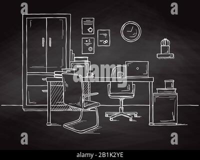 Sketch the room. Office chair, desk, various objects on the table. Sketch workspace. Vector illustration Stock Vector