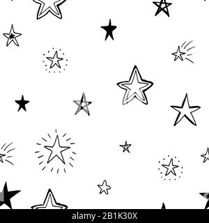 Abstract seamless pattern of hand drawn black doodle stars on white background. Cute illustration for design, textile, backdrop etc. Stock Photo