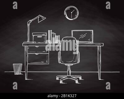 Sketch the workplace in front of the computer. Vector illustration Stock Vector