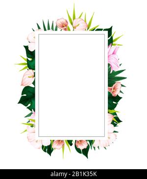 Watercolor floral card with green branchs. Hand drawn illustration. Wedding frame. Bouquet with hibiscus flowers with pink petals, tropical leaves Stock Photo