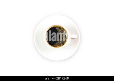 Black coffee without milk with a small foam in a white Cup and saucer isolated on a white background. Stock Photo