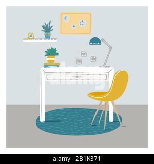 Sketch the room. Office chair, desk, various objects on the table. Sketch workspace. Vector illustration Stock Vector