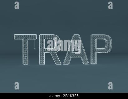 3d render or 3d illustration of TRAP sign with little spider on grey background Stock Photo