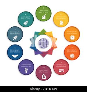 Colourful modern template for infographic 10 positions possible to use for projects business, workflow, banner, diagram, web design, timeline, area ch Stock Vector