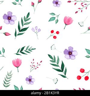 Seamless pattern green watercolor leaves and flowers on white background Stock Photo