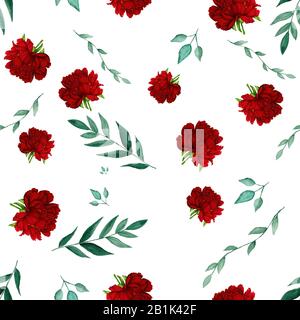 Dark red peony and leaf hand drawn on white seamless background