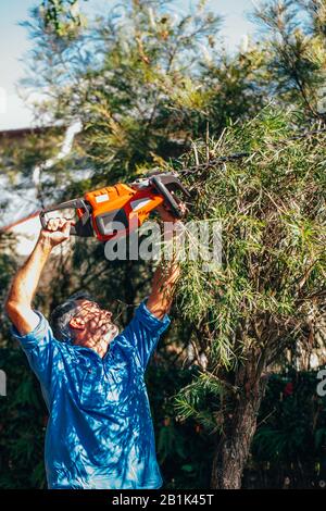 Senior man cutting trimming tree branches outside in the garden. Stock Photo