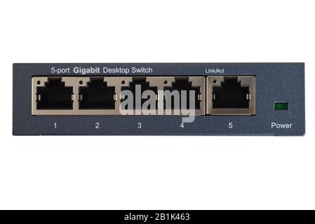 Closeup 5 port gigabit ethernet network switch Stock Photo