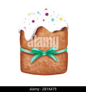 Easter cake with confetti and white glaze tied with ribbon on a white background. An element of the Orthodox holiday for greeting cards, posters Stock Photo