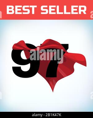 Arabic number ninety seven in the red cloak of the winner of the super hero. - Vector. Stock Vector
