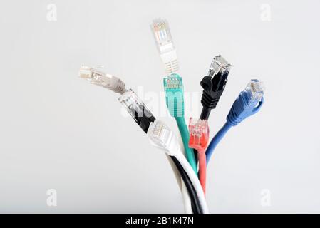 Closeup Ethernet network cables connectors Stock Photo