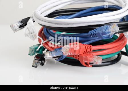 Closeup pile of network cables Stock Photo