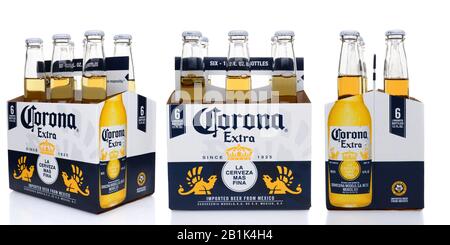 IRVINE, CA - MAY 25, 2014: A 6 pack of Corona Extra Beer, three views, End Side and 3/4. Stock Photo