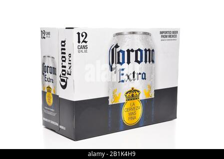 IRVINE, CALIFORNIA - MARCH 21, 2018: 12 pack of Corona Extra Beer Cans. Corona is the most popular imported beer in the USA. Stock Photo