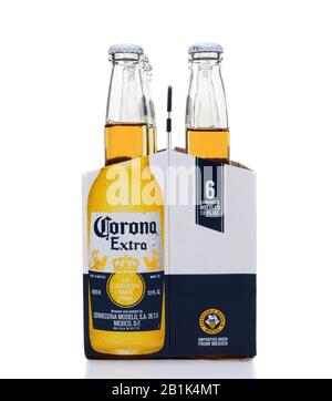 IRVINE, CA - MAY 25, 2014: A 6 pack of Corona Extra Beer, end view. Corona is the most popular imported beer in the United States. Stock Photo