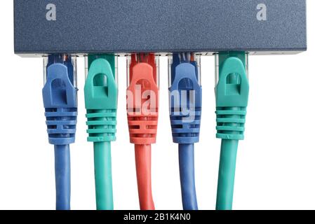 isolated 5 port ethernet network switch with cables Stock Photo