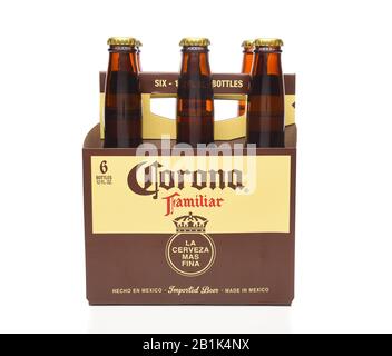 IRVINE, CALIFORNIA - MARCH 21, 2018: 6 pack of Corona Familiar beer side view. Familiar tastes like Corona Extra, but with a richer flavor. Stock Photo