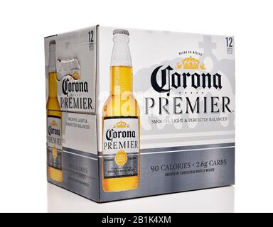 IRVINE, CALFORNIA - FEBRUARY 17, 2019: Corona Premier 12 Pack  bottles, Corona Premier is premium light beer with 2.6 grams of carbs and 90 calories. Stock Photo