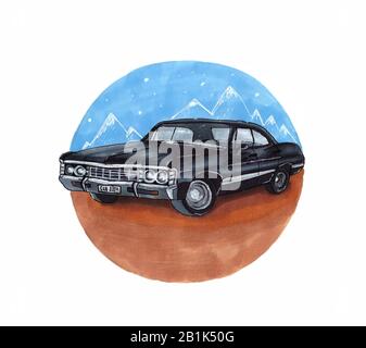 Cute retro car on against beautiful blue mountains. Unusual hand drawn illustration of black car. Stock Photo