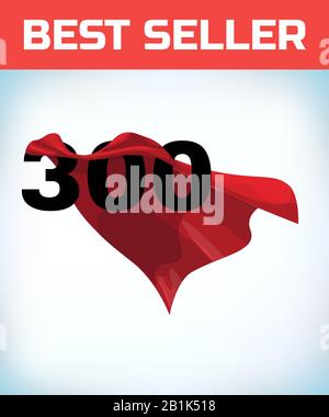 Arabic number three hundred in the red cloak of the winner of the super hero. - Vector. Stock Vector