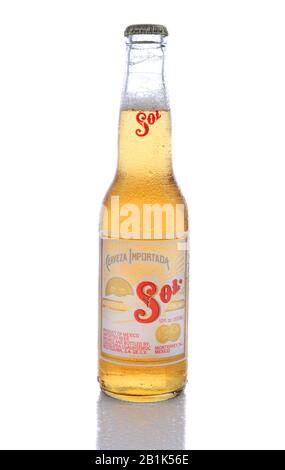 IRVINE, CA - JUNE 14, 2015: A single bottle of Sol Beer. From the Cuauhtemoc Moctezuma Brewery, in Monterey, Mexico, it was first introduced in the 18 Stock Photo