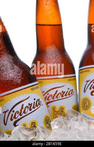 IRVINE, CALIFORNIA - MARCH 29, 2018: Closeup of three  bottles of Victoria Beer in ice. Mexicos oldest beer brand. Victoria has been brewed consistent Stock Photo