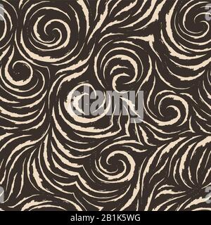 Seamless vector brown pattern of smooth lines with torn edges in the form of corners and spirals. Dark texture for finishing fabrics or wrapping paper Stock Vector