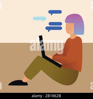 Stylish hipster girl chatting on laptop, flat style.  Chatting on social media concept. Millennial girl sitting with laptop, freelancer at home.Modern Stock Vector