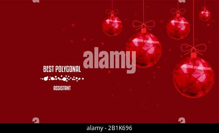 New Year polygonal red balls. Background of beautiful dark red sky with stars. Low poly. Stock Vector