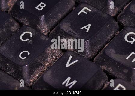 Soiled computer keyboard, sloppy user, dirt and IT Stock Photo