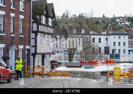 Bewdley, UK. 26th February, 2020. UK media converges on the small Worcestershire town of Bewdley as the River Severn reaches an precedented high with water levels bursting barriers overnight. Television camera crews are set up around the town recording this emergency situation from all perspectives. Credit: Lee Hudson/Alamy Live News Stock Photo