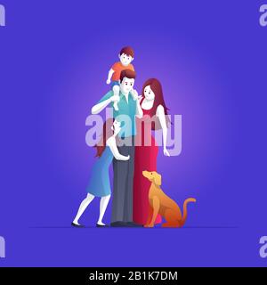 A happy family that loves each other is standing. Young family with children and dog. The boy is standing on his father's shoulders and the girl who h Stock Vector