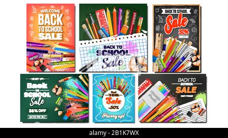 School Sale Collection Creative Posters Set Vector Stock Vector