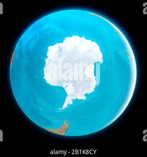 South Pole map. Antarctica, ice, melting, climate change. Climate emergency. Scientific expedition. Satellite view of the globe. 3d render Stock Photo