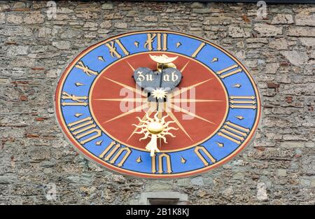 Lucerne, Switzerland - June 26, 2016. Rathaus town-hall clock in Lucerne, Switzerland. Stock Photo