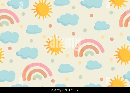 Cute rainbow, clouds, sun and dots in pastel colors, seamless pattern. Modern hand drawn vector in cartoon style. Baby nursery room in scandinavian st Stock Vector