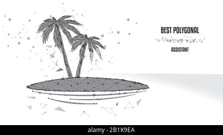 Palm trees on an islet from polygons and points. Black and white illustration. Dream concept or Concept of vacation, trip, travel or tourism. Low poly Stock Vector
